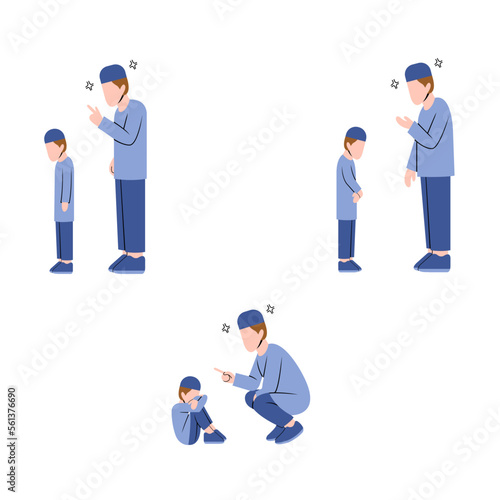 Set Of Muslim Father Character Scolding Muslim Son