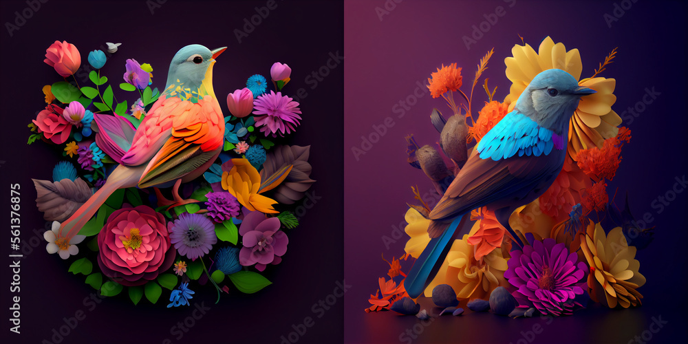 Illustration of two birds on the trees with flowers. isolated composition.
