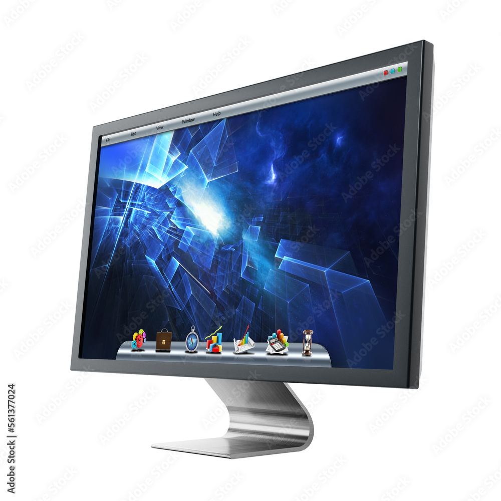 Computer monitor with blue desktop wallpaper on transparent background ...