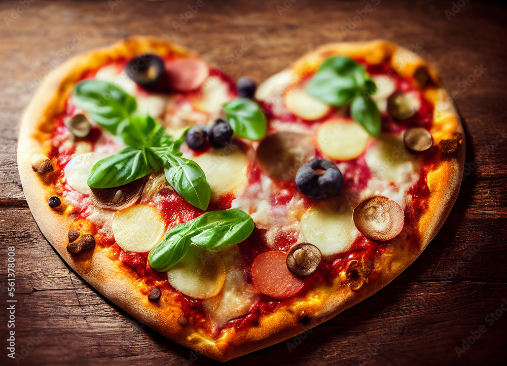 Heart shaped pizza on wooden background