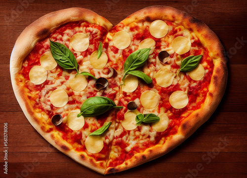 Heart shaped pizza on wooden background