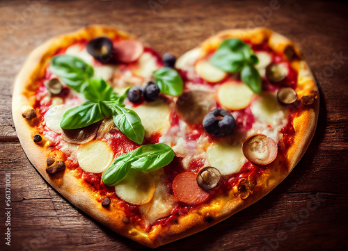 Heart shaped pizza on wooden background