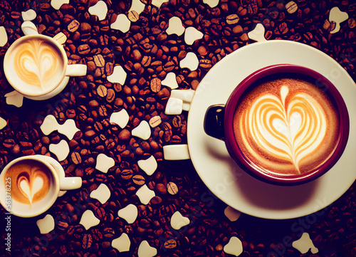 Cups of cappuccino and coffee on coffee beans background