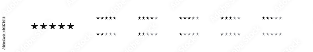 Five star icon. Review symbol. Quality signs. Rank symbols. Feedback members icons. Hotel, movie, restaurant, app, product ranking. Black and gray color. Vector sign.