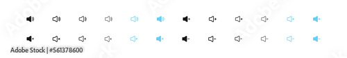 Audio icon. Sound volume plus, minus symbol. Button voice and mute signs. Loudspeaker symbols. Black and blue color. Vector sign.