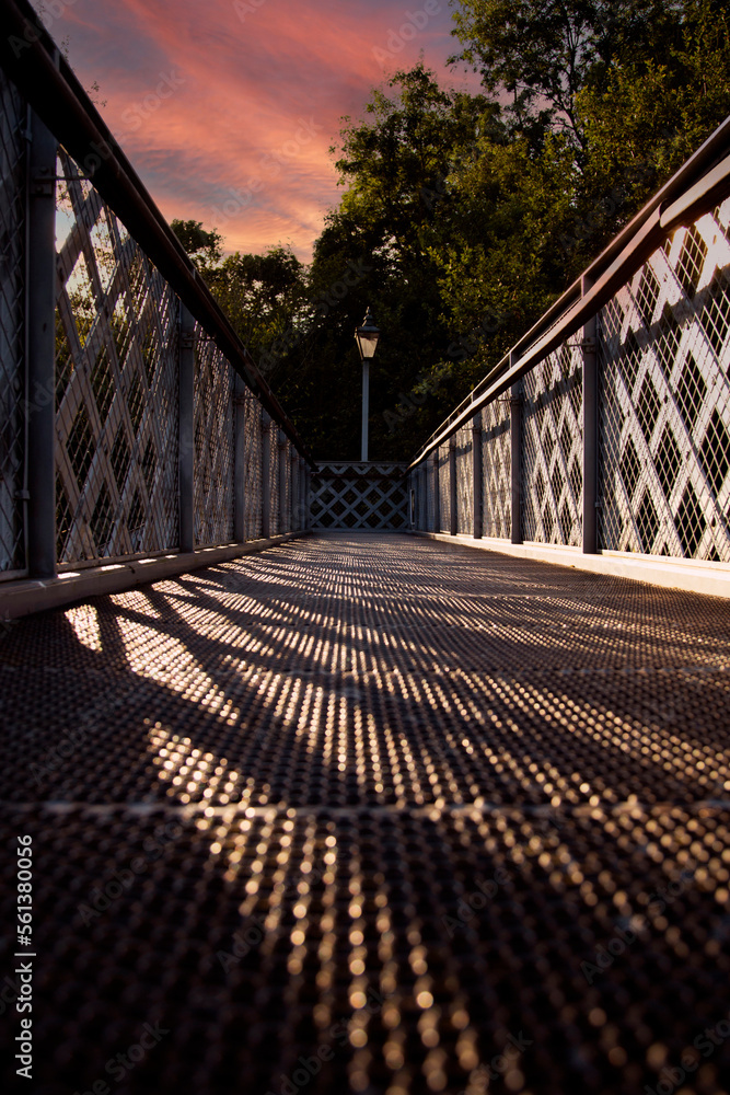 Low angle view of a steel metal footbridge, with mesh railings, in late evening sunshine