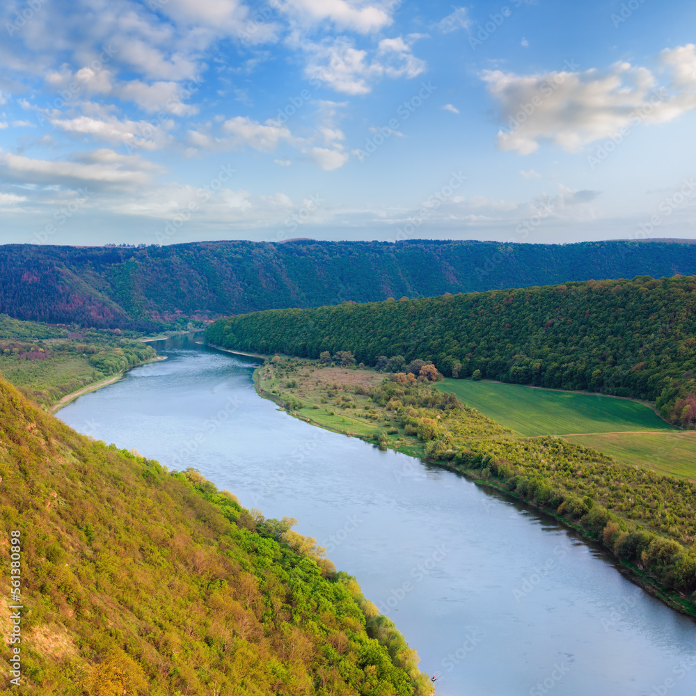 Top picturesque spring view of the Dnister river bend canyon. Ternopil region, Ukraine, Europe. Peoples unrecognizable.