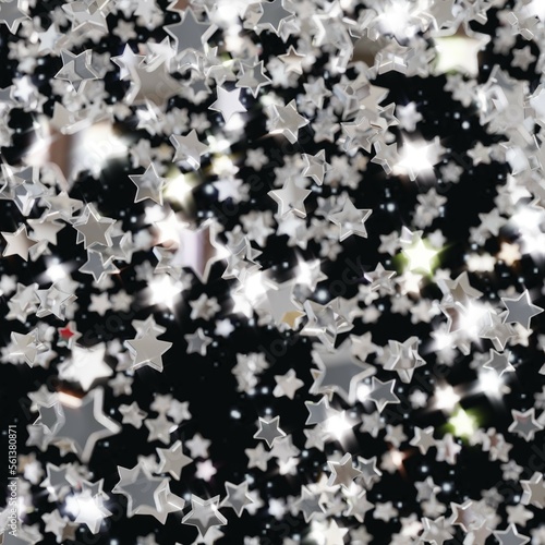 Shiny silver star confetti glitter partly blurred on night sky background (3D Rendering)