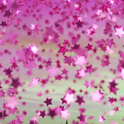 Shiny pink star confetti glitter partly blurred on twilight sky background (3D Rendering)