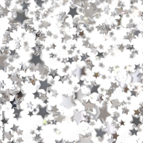 Shiny silver star confetti glitter partly blurred on transparent background (3D Rendering)
