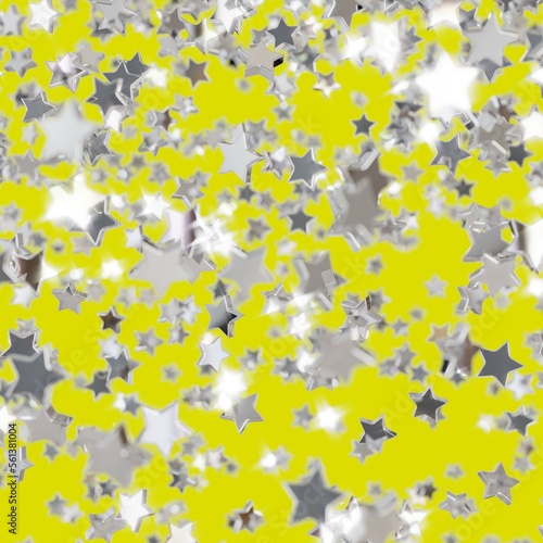 Shiny silver star confetti glitter partly blurred on yellow background (3D Rendering)