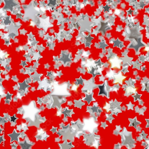 Shiny silver star confetti glitter partly blurred on red background (3D Rendering)