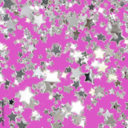 Shiny silver star confetti glitter partly blurred on pink background (3D Rendering)