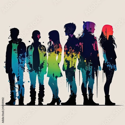 silhouette of different people stand side-by-side art, colorful illustration vibrant colors