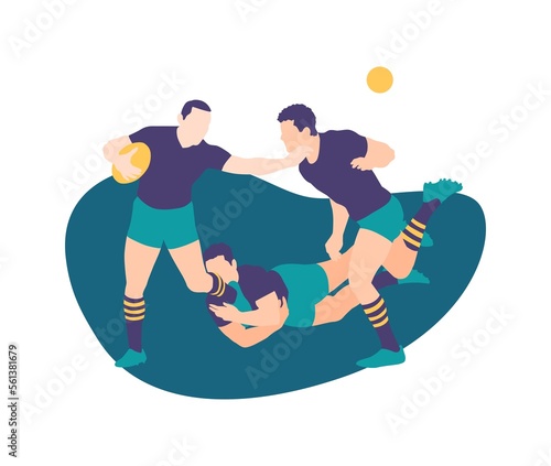 Canvas Print Rugby players tackling down a player on the field