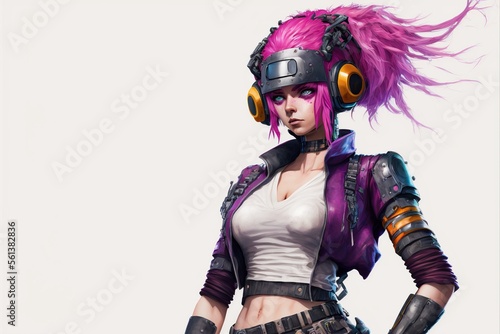 A cyberpunk girl with pink hair, wearing a white crop top and a futuristic leather street soldier outfit, standing isolated on a white background. Generative AI. © Henry Letham