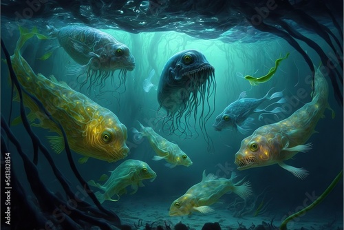 Aquatic monsters in the deep sea, made of strange, translucent gel. Perfect for fantasy and monster-related concepts. Generative AI. © Henry Letham