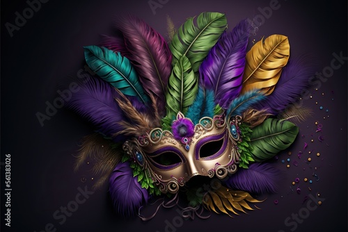 Colorful Mardi Gras mask with beads and feathers decor on a background, perfect for carnival, Mardi Gras, party, celebration, and theme-related concepts. Generative AI.