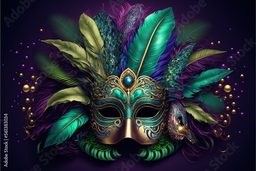 Colorful Mardi Gras mask with beads and feathers decor on a background, perfect for carnival, Mardi Gras, party, celebration, and theme-related concepts. Generative AI. photo
