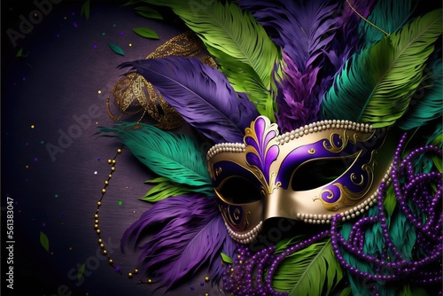 Foto Colorful Mardi Gras mask with beads and feathers decor on a background, perfect for carnival, Mardi Gras, party, celebration, and theme-related concepts