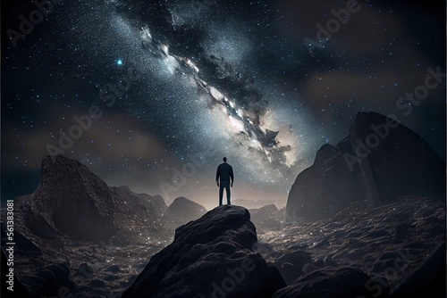 Night time image of person standing in a high place looking up in wonder at the Milky Way galaxy  perfect for night sky  astronomy  and nature-related concepts. Generative AI.