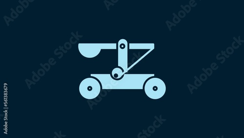 White Old medieval wooden catapult shooting stones icon isolated on blue background. 4K Video motion graphic animation