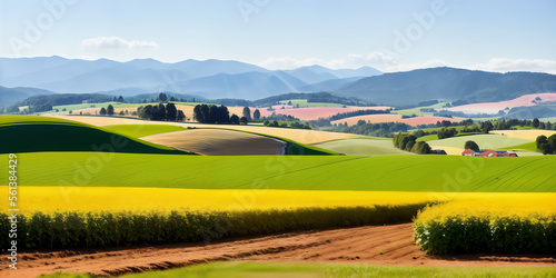 farm in farmland with a field of flowers and mountains in the background, with rolling hills and immaculate rows of crops