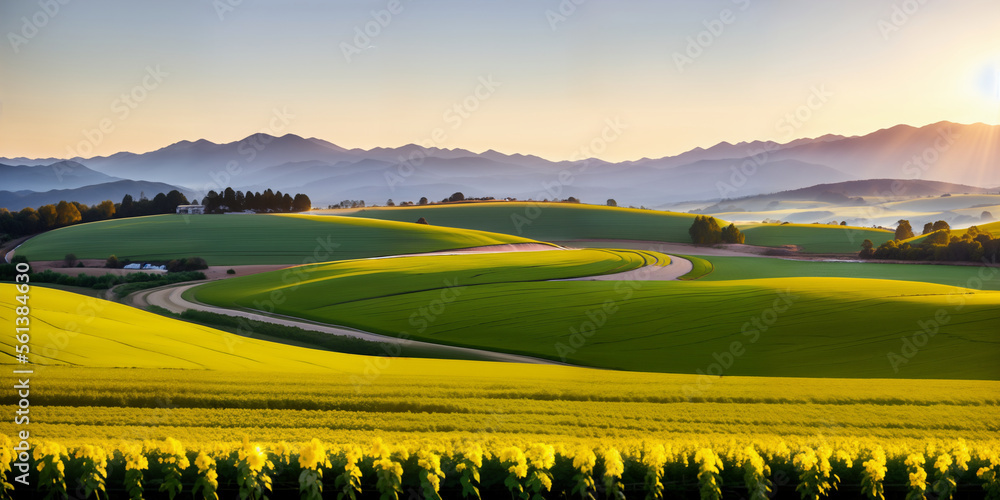 Fototapeta premium farm in farmland with a field of flowers and mountains in the background, with rolling hills and immaculate rows of crops
