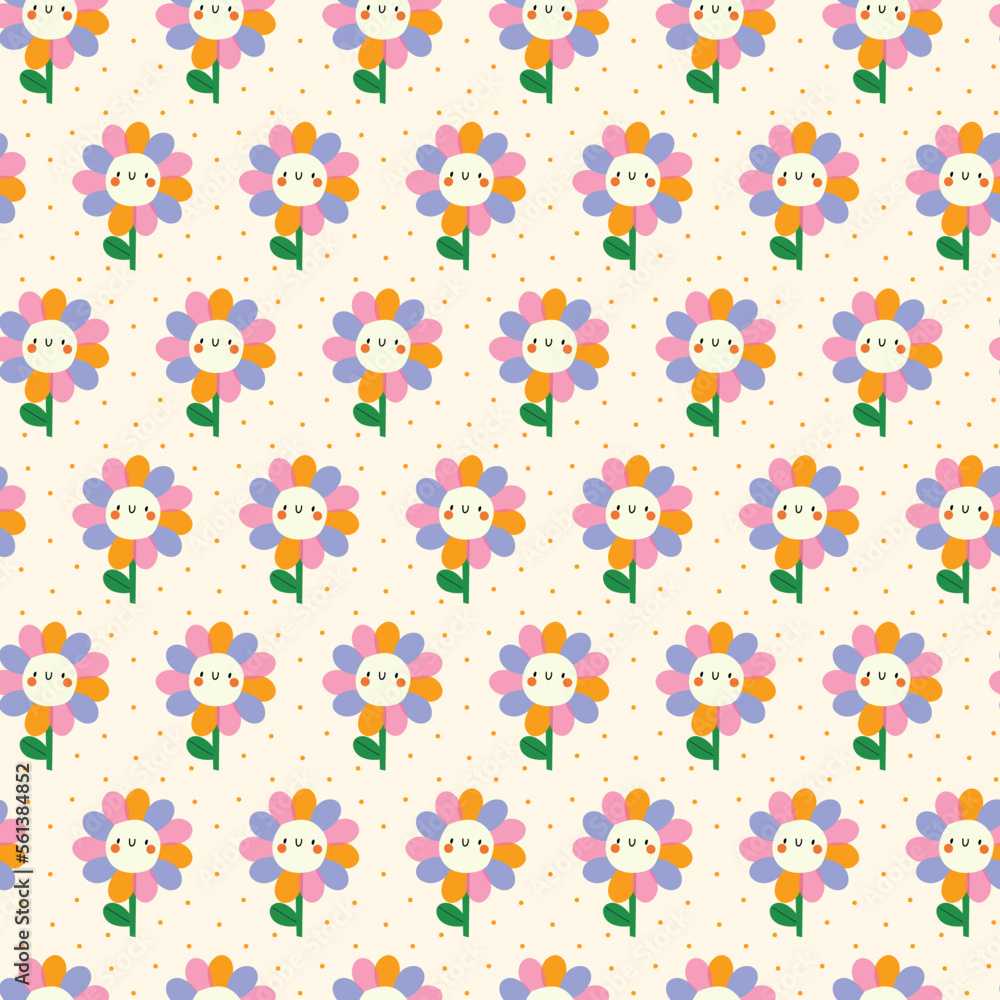 Cute rainbow flower pattern. Summer cartoon background.
