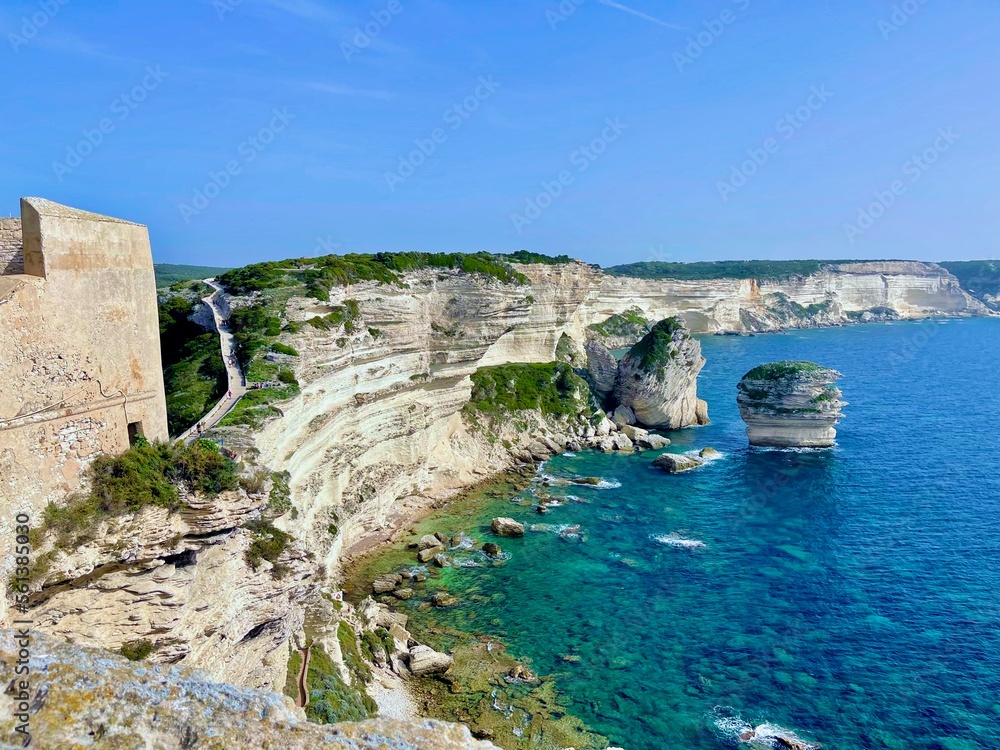 Bonifacio (Corsica, France) view of rocky cliffs of Accore coast, stack of the Grain of Sand (