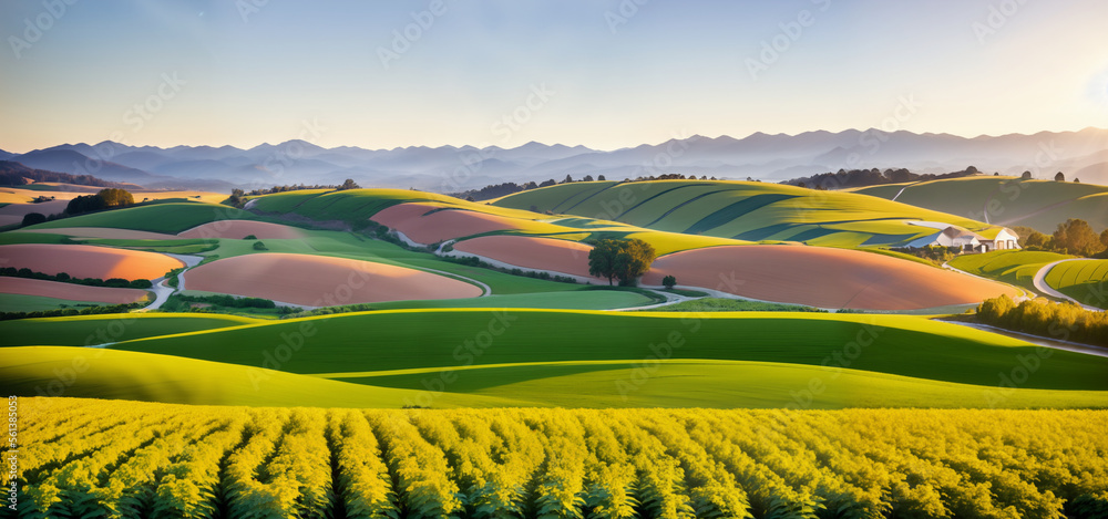 
farm in farmland with a field of flowers and mountains in the background, with rolling hills and immaculate rows of crops.