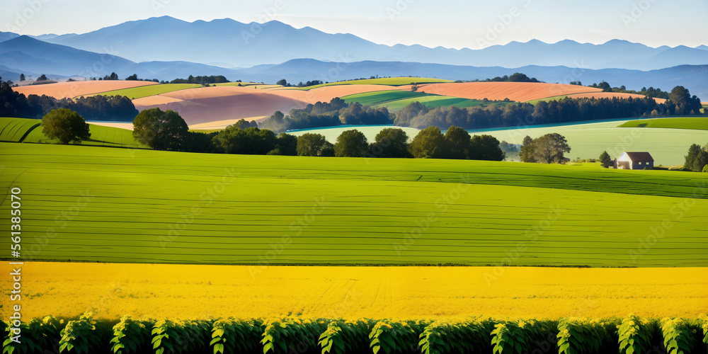 Obraz premium farm in farmland with a field of flowers and mountains in the background, with rolling hills and immaculate rows of crops.