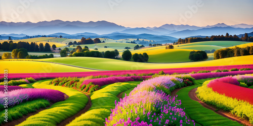 farm in farmland with a field of flowers and mountains in the background, with rolling hills and immaculate rows of crops