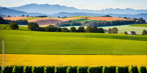  farm in farmland with a field of flowers and mountains in the background, with rolling hills and immaculate rows of crops.