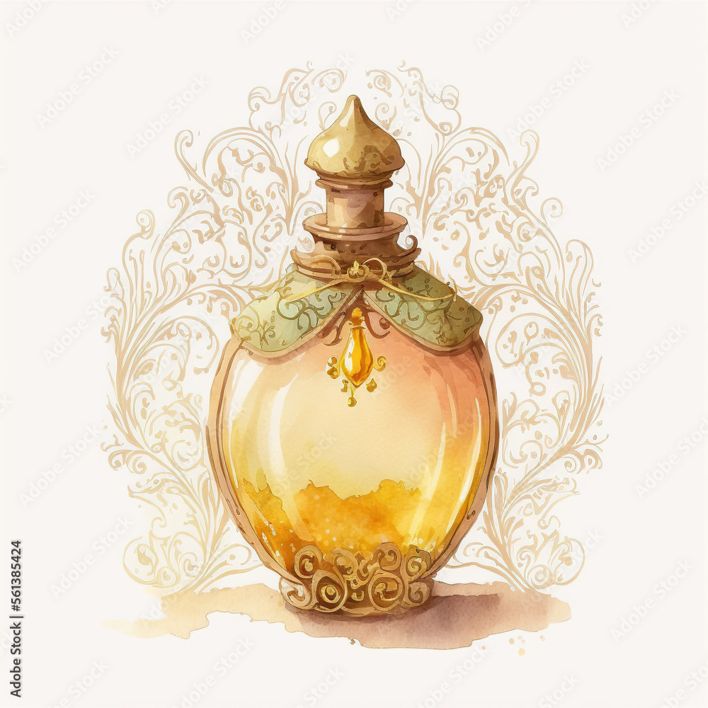 perfume, fragrance, antique, watercolour, yellow, Generative AI perfume, fragrance, antique, watercolour, yellow, Generative AI