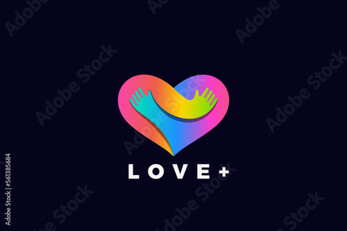 Heart Love Hug Logo Hugging Hands design vector template. Valentines day Romantic dating Charity Donation LGBTQ+ Logotype icon.