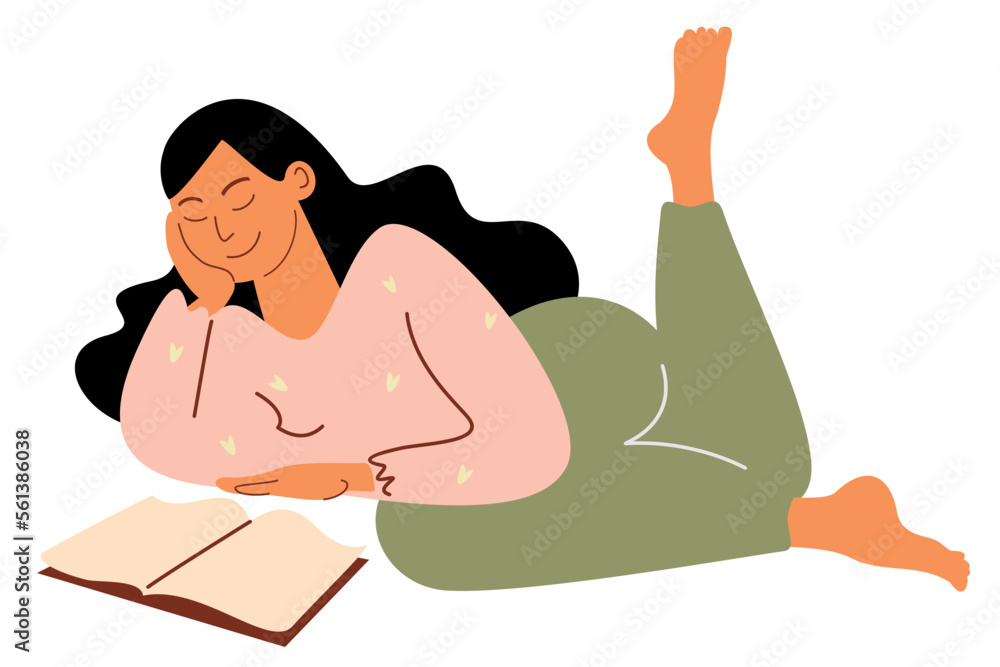 Fototapeta premium Young woman reading good book at home. Women enjoy reading. Trendy hand-drawn cartoon vector flat illustrations.