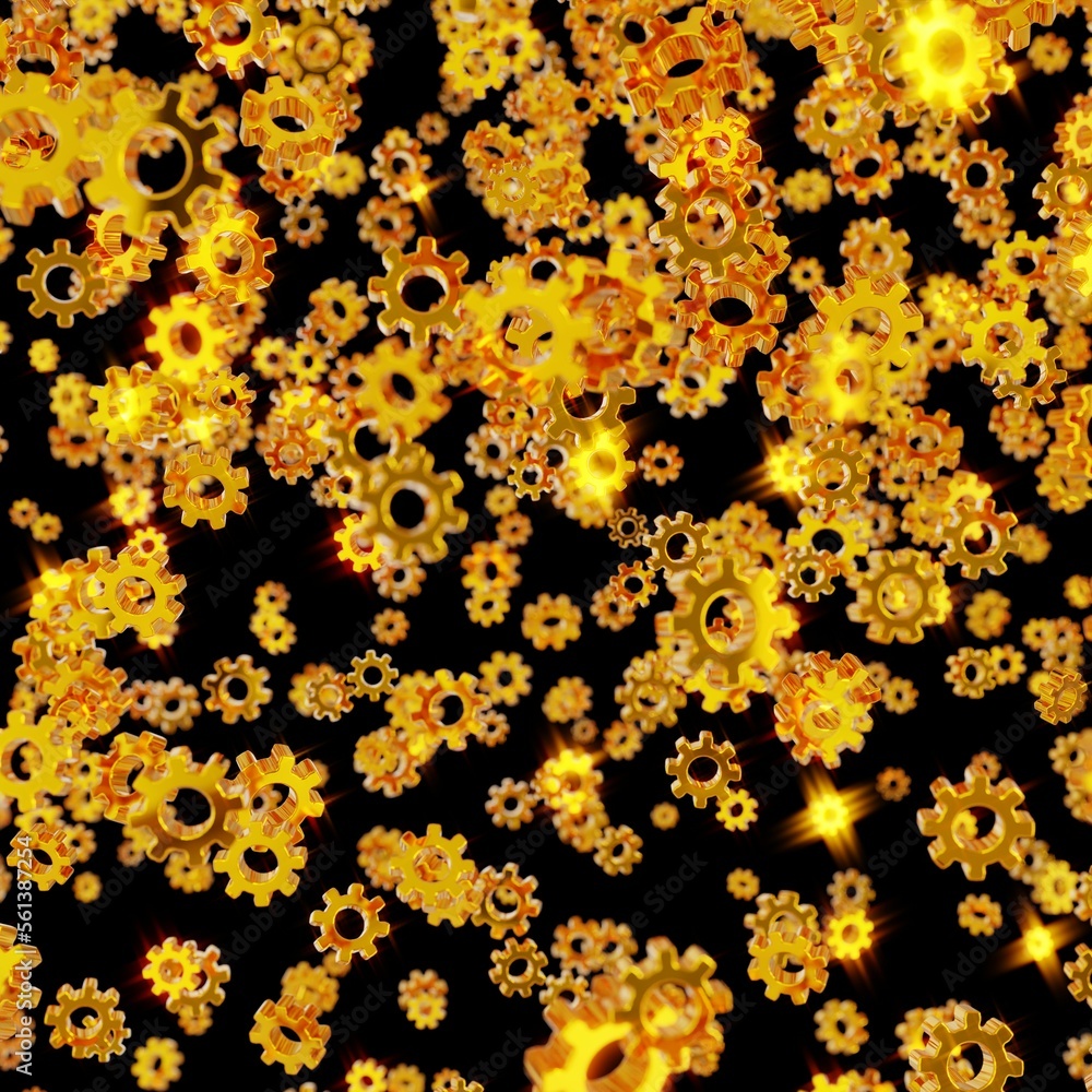 Shiny Gold Gear Confetti partly Blurred on black background (3D Rendering)