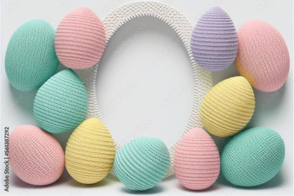 Cute knitted Easter chicken in pastel colors, background/wallpaper/card, isolated on white with empty space for text and additional images Cute knitted Easter chicken in pastel colors, background/wallpaper/card, isolated on white with empty space for text and additional images