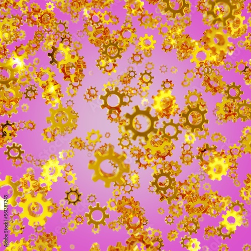 Shiny Gold Gear Confetti partly Blurred on pink background (3D Rendering)