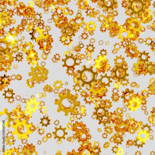 Shiny Gold Gear Confetti partly Blurred on white background (3D Rendering)