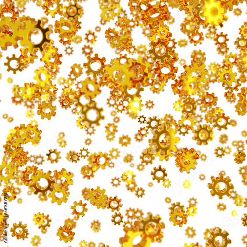 Shiny Gold Gear Confetti partly Blurred on transparent background (3D Rendering)