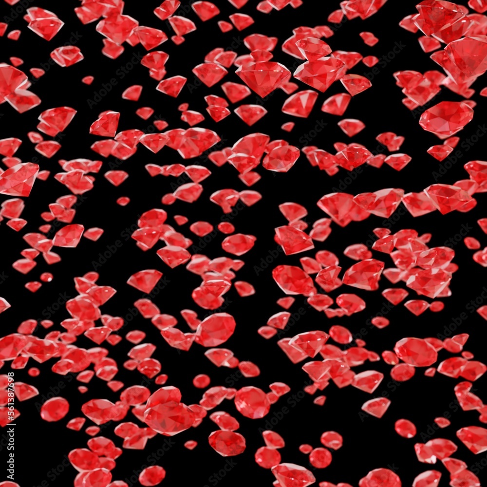 Red Diamonds drifting down like confetti, partly blurred on black background (3D Rendering)