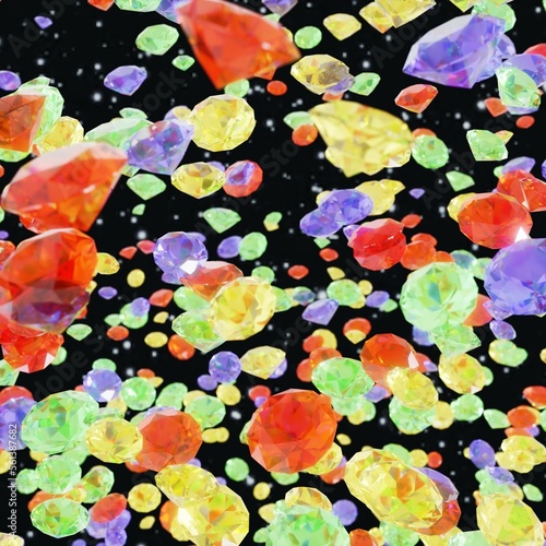 Colorful Diamonds drifting down like confetti, partly blurred on night sky background (3D Rendering)
