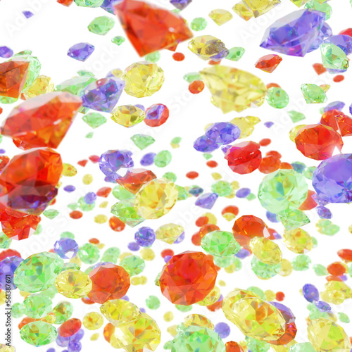Colorful Diamonds drifting down like confetti, partly blurred on transparent background (3D Rendering)