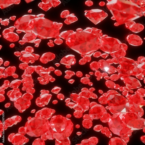 Red Diamonds drifting down like confetti, partly blurred and close-up on black background (3D Rendering)