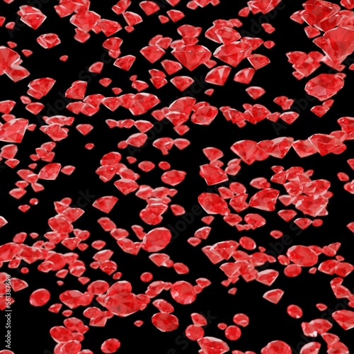 Red Diamonds drifting down like confetti, partly blurred on black background (3D Rendering)