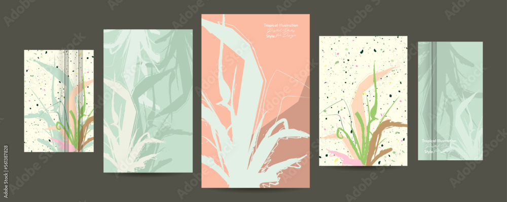 Tropical illustration leaves Painting art pastel muted pale calm tones card templates set. Collection set of romantic invitations