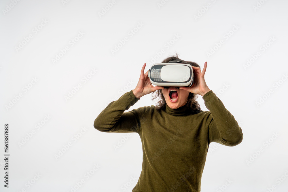 woman with virtual reality glasses on white background. concept of surprise, emotion, excited. copy space woman with virtual reality glasses on white background. concept of surprise, emotion, excited. copy space