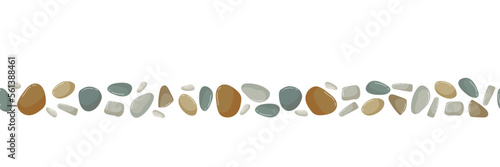 Horizontal Seamless Beach pebbles border. Various shapes different colors. Vector stone frame isolated on white background. Beach, Spa stones. Sea rocks. Hand drawn wallpaper, textile, packaging.